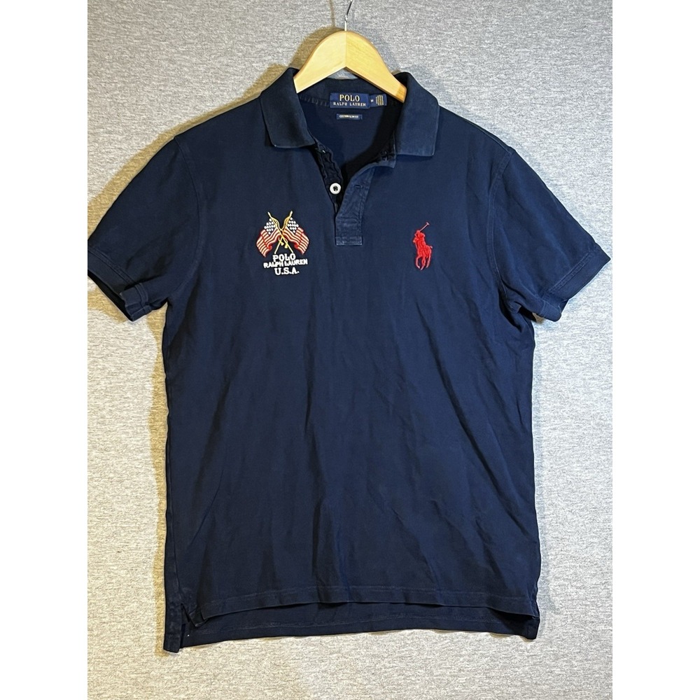 Ralph Lauren USA Flag Polo Shirt Medium Blue Red Big Pony RLPC 3 Rugby Crest 90s